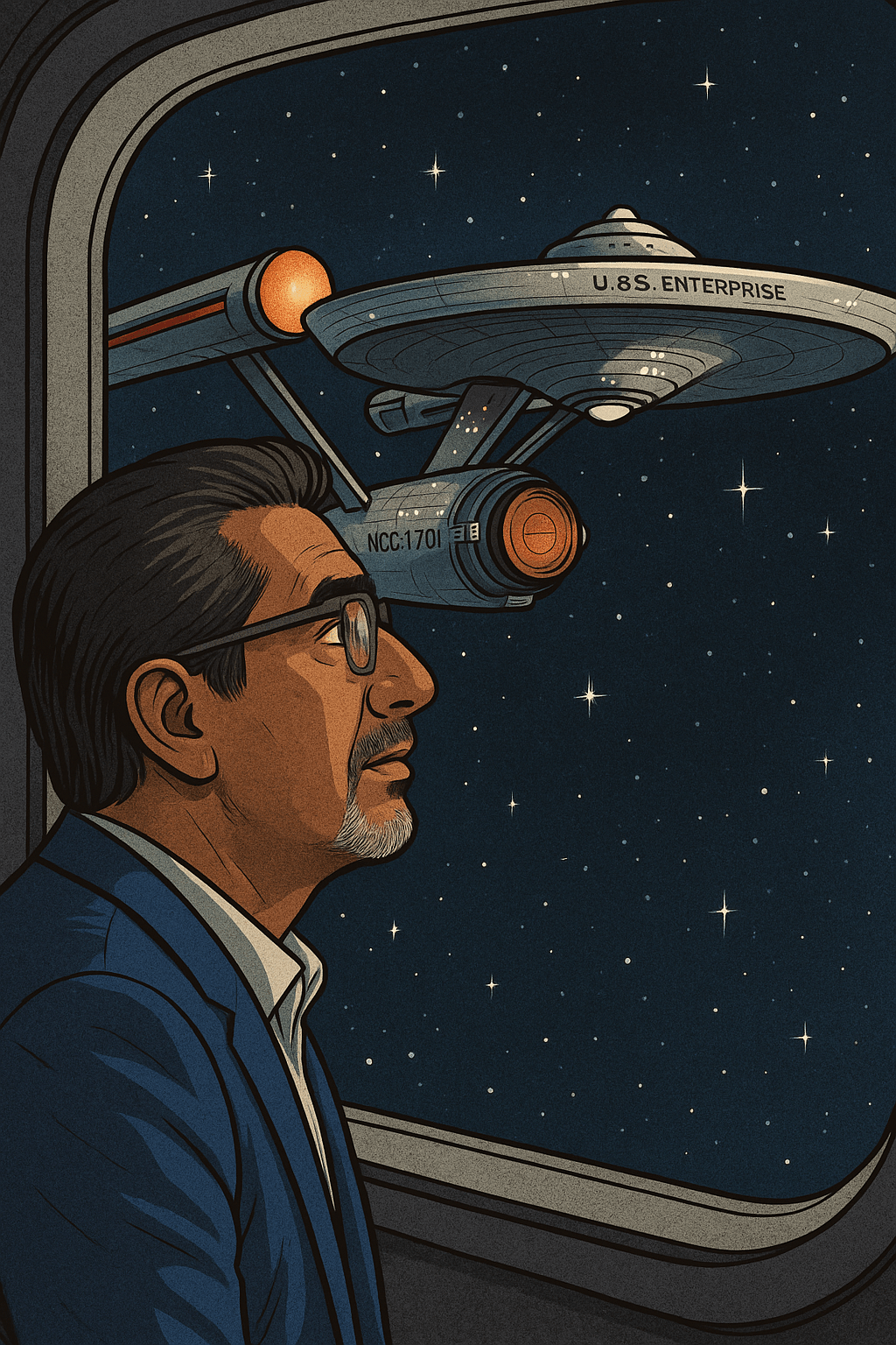 Shahzad Sheikh staring at the Starship Enterprise from a shuttlecraft window